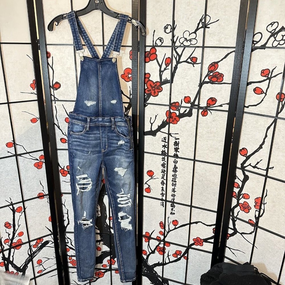 American Eagle Distressed Overalls Women's Super Stretch Size 2 Blue